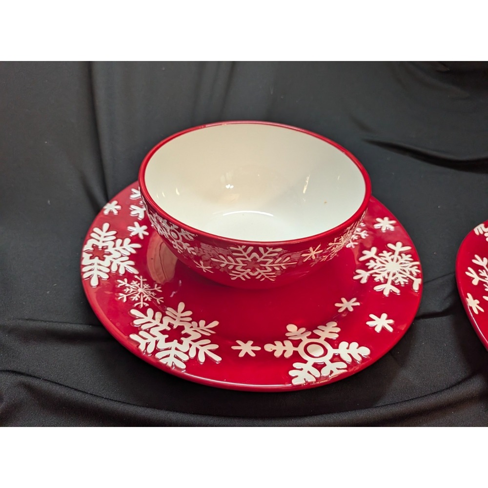 SET Royal Norfolk Dinner Plate (2)(/Bowls(2) Christmas-Red With Snowflakes - Picture 2 of 7